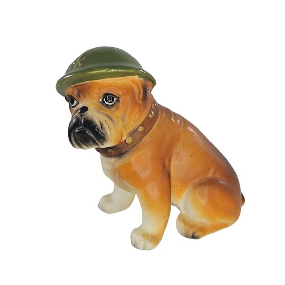 Vintage MTI Mack Truck Mascot Bulldog Figurine Wearing Green Helmet Ceramic Rare - Picture 1 of 8